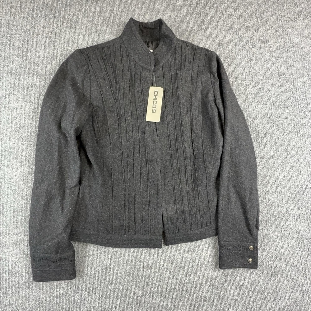 Chico's Jacket Womens 0 Gray Wool Stitch Design Corbin Charcoal Zip Front Lined